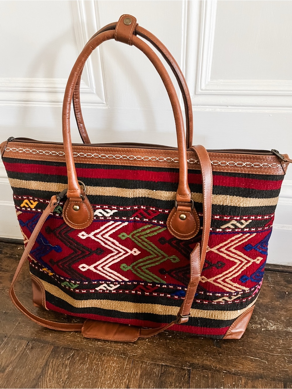 Kilim weekender Tote Bag with Brown Leather Trim - Red/Multicolor - Picture 1 of 8